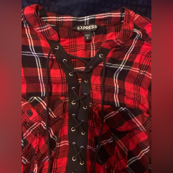 Red and black lace up top. EUC. Size small. - Picture 4 of 11